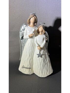 Sisters Angel Figurine With Silver Wings & Halos Holding Dove